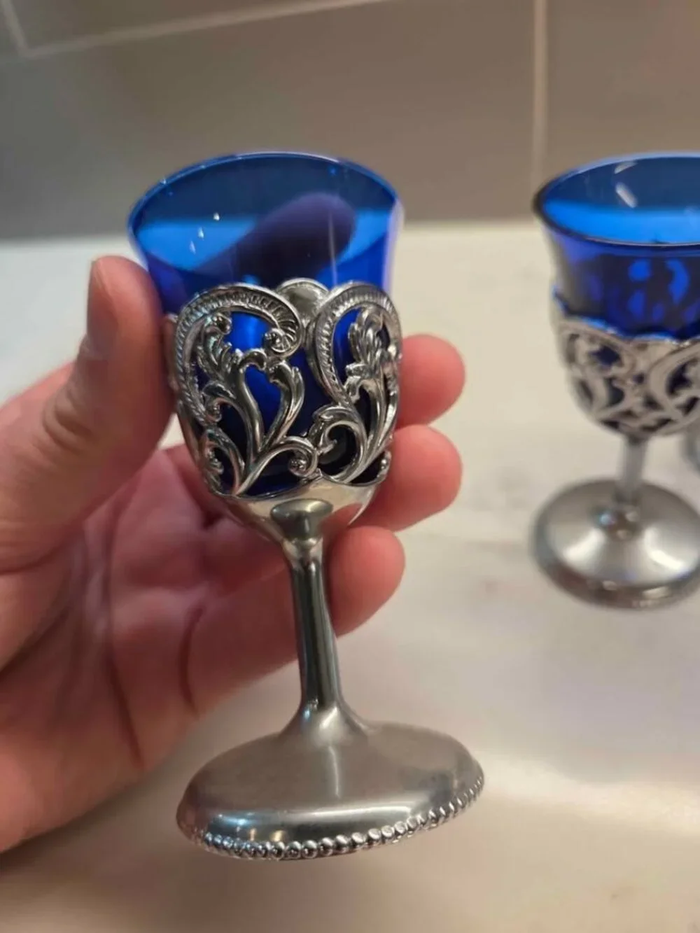 Vintage cobalt blue tiny little liquor glasses 6 total